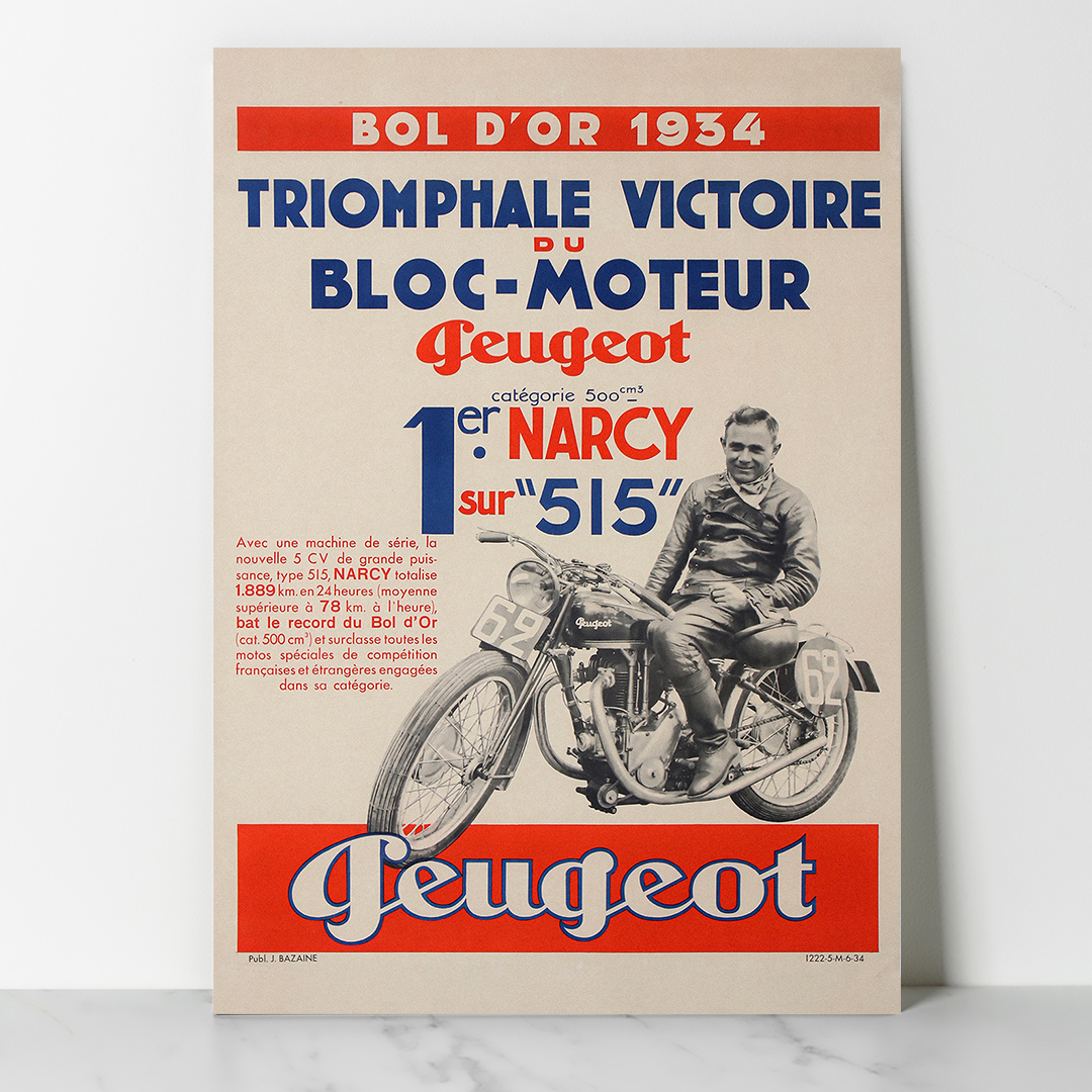 Main-Peugeot---Bol-D'or-1934 Affiche Peugeot Bol d’Or 1934 – Victoire de Narcy sur 515 – Image 1
