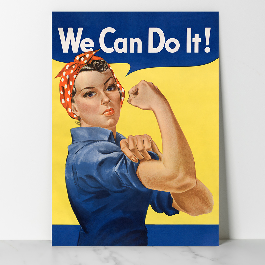 We Can Do It!, also called Rosie the Riveter after the iconic figure of a strong female war production worker (1942-1945) lithograph poster by J. Howard Miller Affiche Vintage Algérie We Can Do It!, also called Rosie the Riveter after the iconic figure of a strong female war production worker (1942-1945) lithograph poster by J. Howard Miller