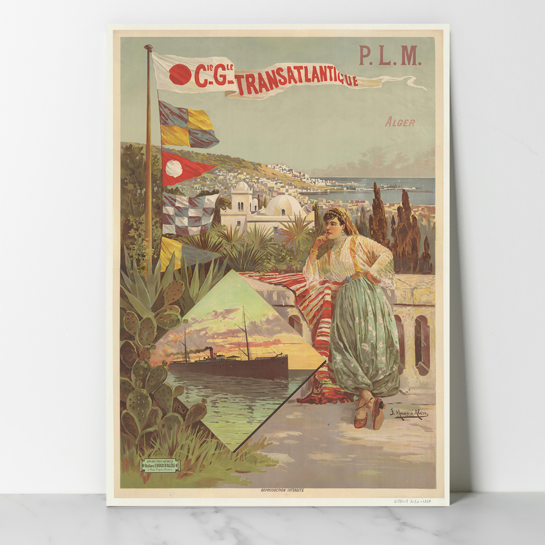 Main Vintage-P.L.M. Cie Gle Transatlantique. Alger - Affiches simili aquarelle Ateliers F. Hugo d'Alési, 5 place Pigalle, Paris P.L.M. Cie Gle Transatlantique. Alger - Affiches simili aquarelle Ateliers F. Hugo d'Alési, 5 place Pigalle, Paris