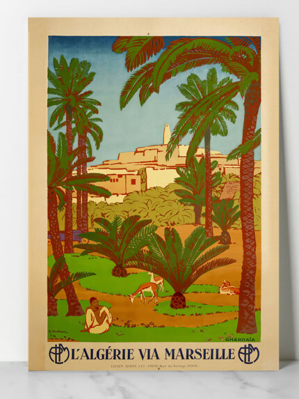 Affiche vintage Ghardaïa Algérie via Marseille PLM – oasis et palmiers