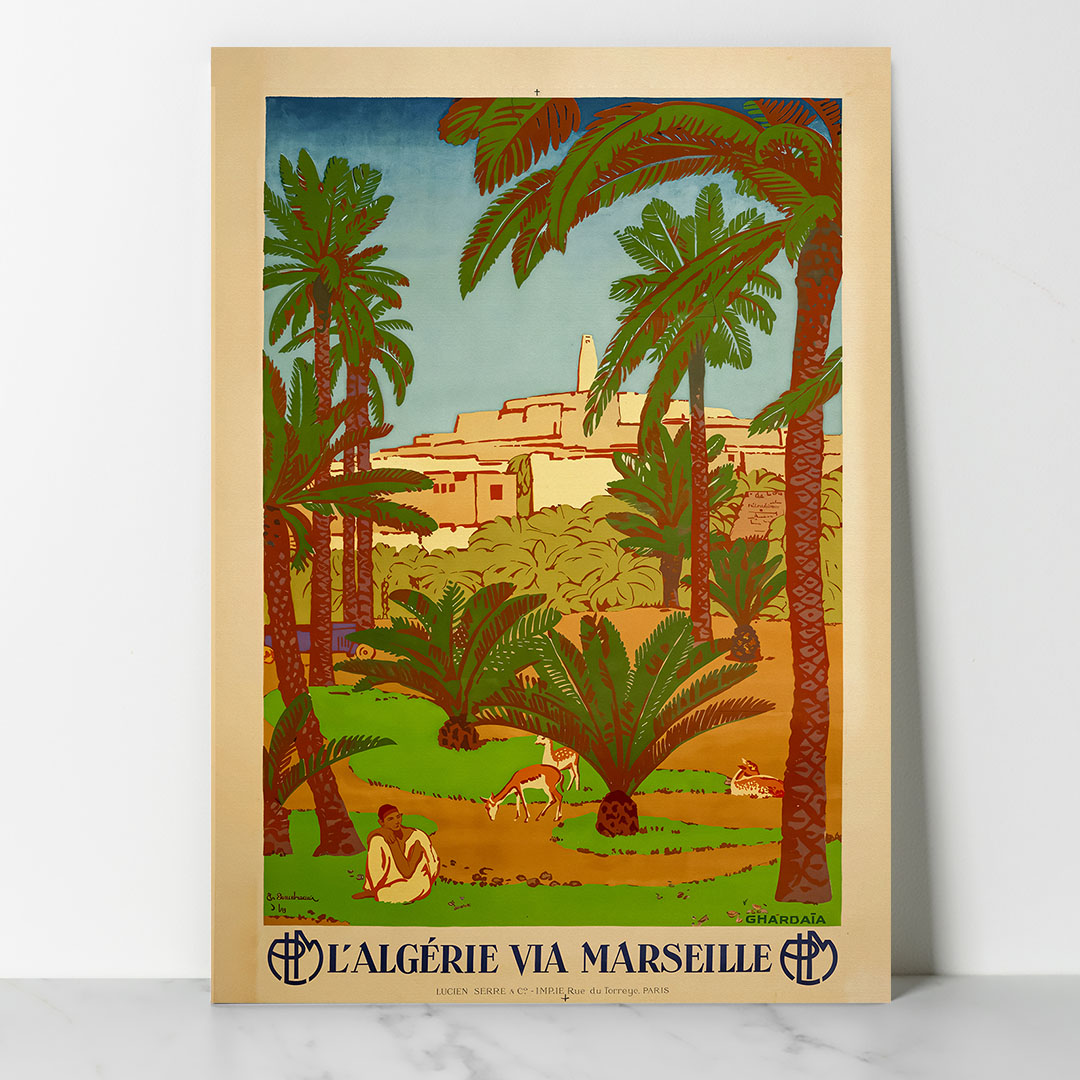 Main Vintage Algérie - Gardaia - PLM - L'algérie Via Marseille Affiche vintage Ghardaïa Algérie via Marseille PLM – oasis et palmiers