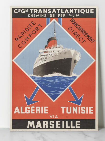 Vintage - Chemins de fer PLM - Compagnie générale Transatlantique,. Rapidité confort, transbordement direct. Algérie, Tunisie via Marseille 1930 Dzeco.art