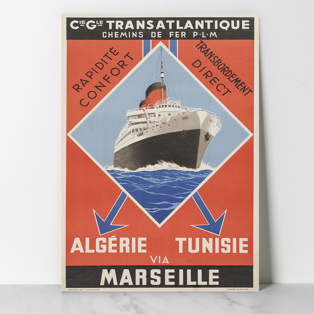 Main Vintage - Chemins de fer PLM - Algérie, Tunisie via Marseille 1930 Vintage - Chemins de fer PLM - Compagnie générale Transatlantique,. Rapidité confort, transbordement direct. Algérie, Tunisie via Marseille 1930 Dzeco.art