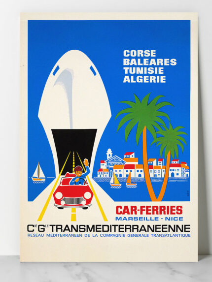Affiche maritime vintage Cie Gle Transméditerranéenne car-ferry Corse Algérie Dzeco Art