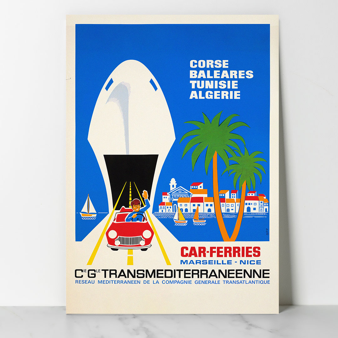 Vintage - Maritime -Cie Gle Corse Baleares Algérie Tunisie Main Affiche maritime vintage Cie Gle Transméditerranéenne car-ferry Corse Algérie Dzeco Art
