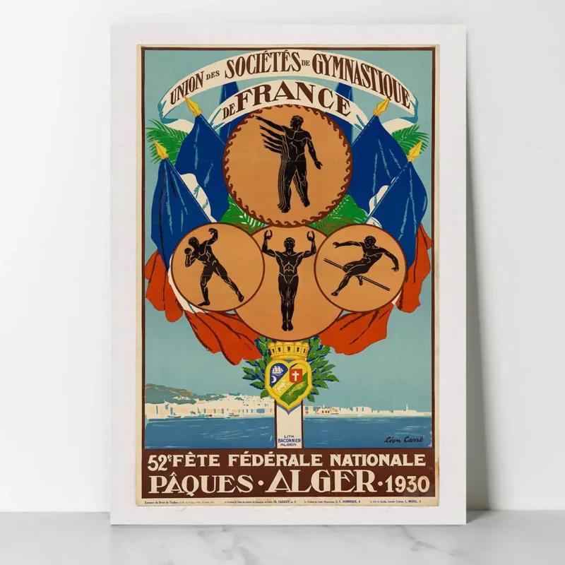 Reproduction de l'affiche vintage Alger 1930 par Léon Carré représentant la 52ème Fête Fédérale de Gymnastique par Dzeco Art