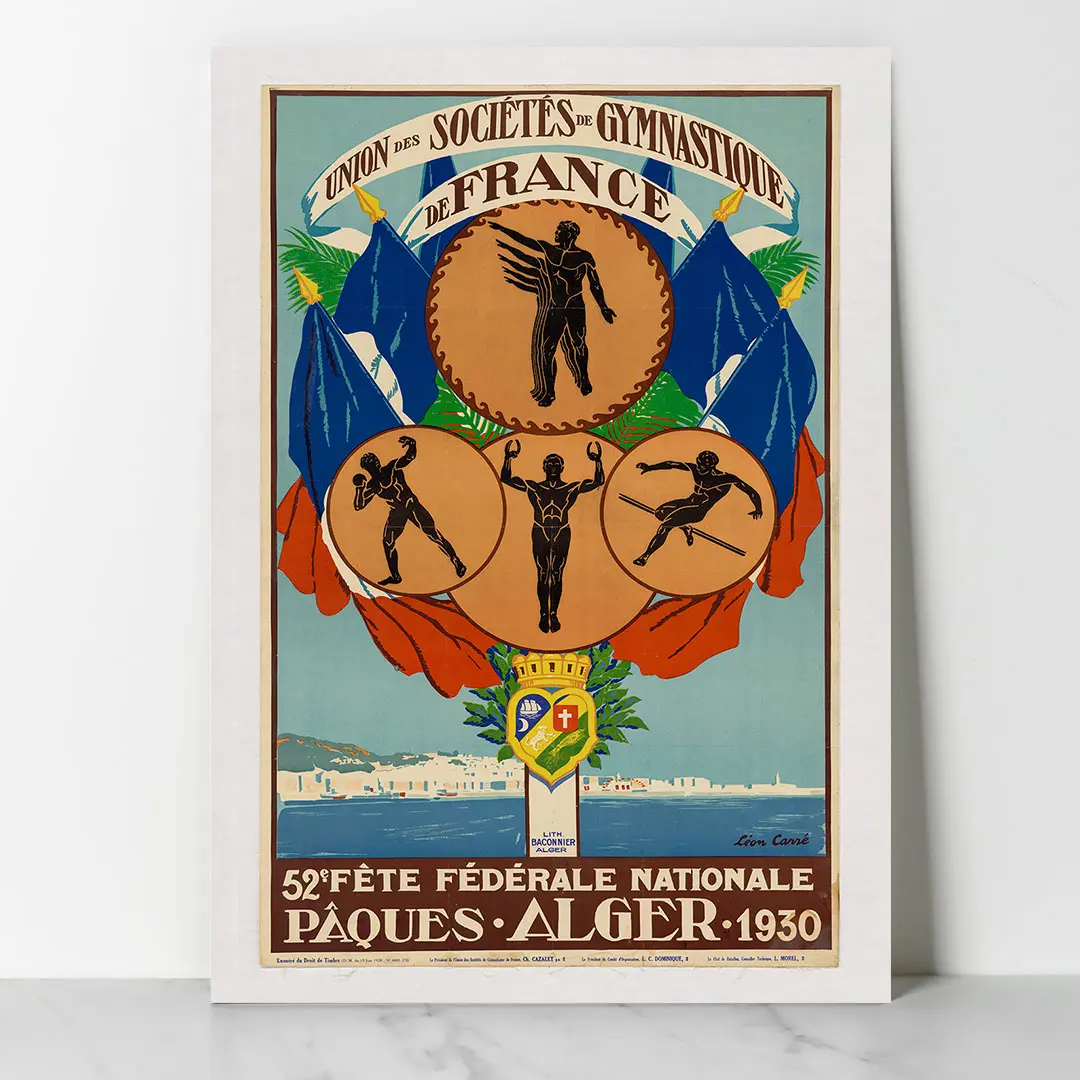 52ème Fête Fédérale Nationale - Pâques Alger 1930 - 00 - Dzeco Art Reproduction de l'affiche vintage Alger 1930 par Léon Carré représentant la 52ème Fête Fédérale de Gymnastique par Dzeco Art