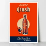 Affiche vintage Crush Algérie - Illustration rétro du gazouz algérois avec bouteille en verre et mascotte Crushy sur fond orange.