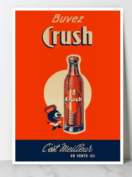 Affiche vintage Crush Algérie - Illustration rétro du gazouz algérois avec bouteille en verre et mascotte Crushy sur fond orange.