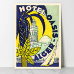 Affiche vintage Hôtel Oasis Alger, illustration Art déco avec palmiers, minaret et voilier, style rétro années 1930