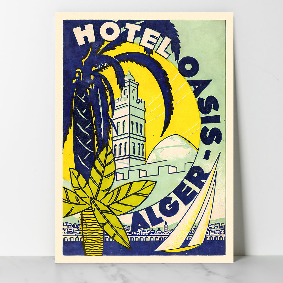 Main Affiche Affiche Algérie - Hotel Oasis Alger Affiche vintage Hôtel Oasis Alger, illustration Art déco avec palmiers, minaret et voilier, style rétro années 1930