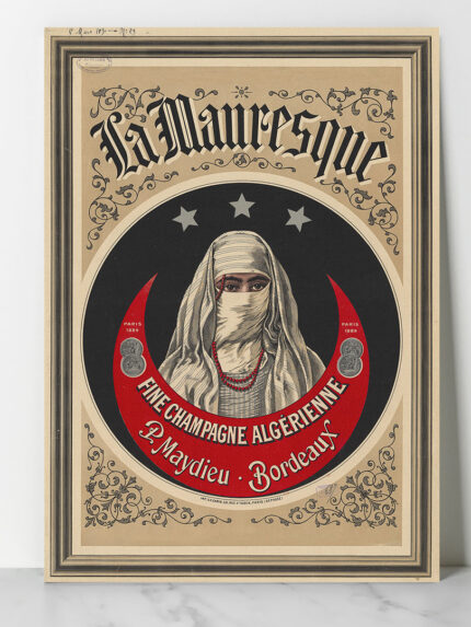Affiche vintage Algérie La Mauresque fine champagne algérienne, illustration publicitaire ancienne style XIXe siècle
