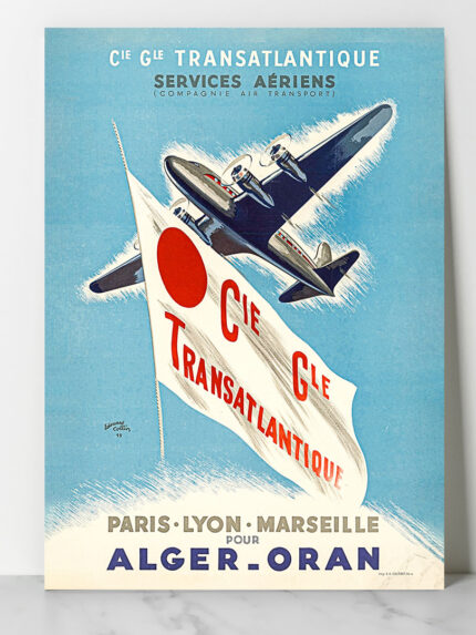 Affiche vintage aviation Algérie Cie Gle Transatlantique, avion Art déco reliant Paris à Alger et Oran
