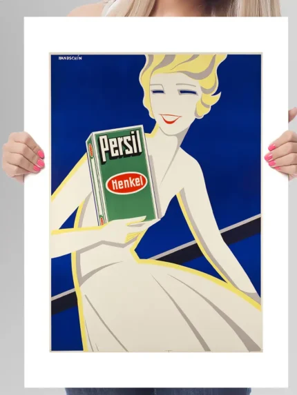 Affiche publicitaire vintage Persil par Johannes Handschin montrant une femme stylisée blonde en robe blanche sur fond bleu tenant un paquet vert Henkel.