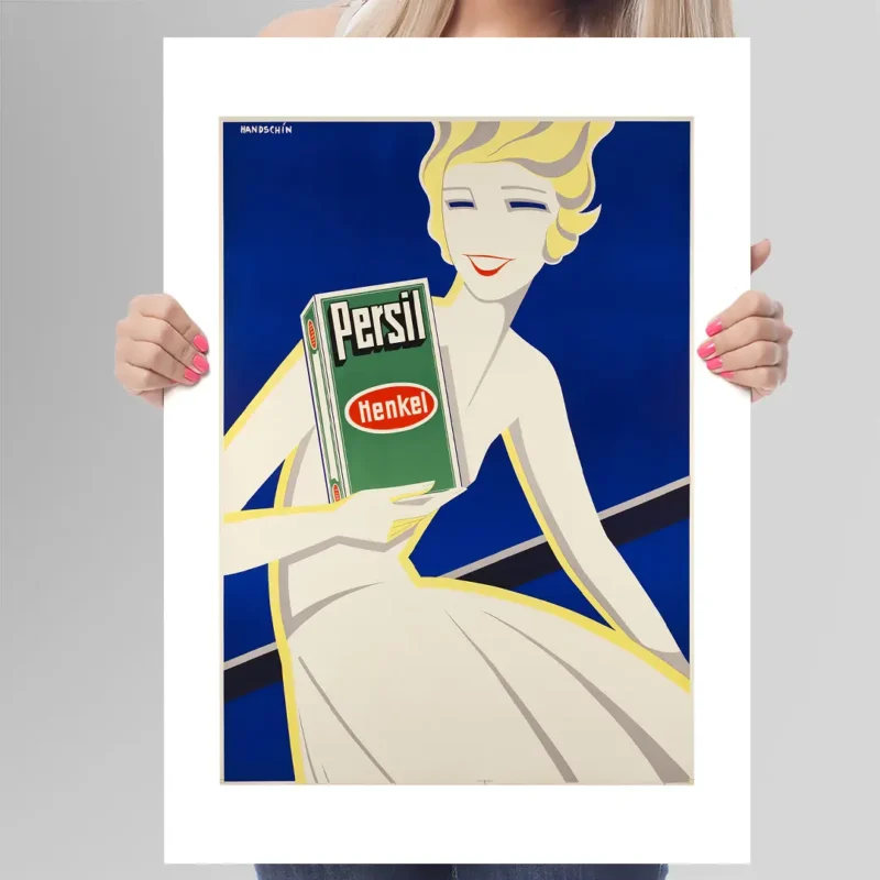 Affiche publicitaire vintage Persil par Johannes Handschin montrant une femme stylisée blonde en robe blanche sur fond bleu tenant un paquet vert Henkel.