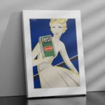 Affiche publicitaire vintage Persil par Johannes Handschin montrant une femme stylisée blonde en robe blanche sur fond bleu tenant un paquet vert Henkel.