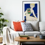 Affiche publicitaire vintage Persil par Johannes Handschin montrant une femme stylisée blonde en robe blanche sur fond bleu tenant un paquet vert Henkel.