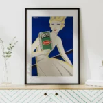 Affiche publicitaire vintage Persil par Johannes Handschin montrant une femme stylisée blonde en robe blanche sur fond bleu tenant un paquet vert Henkel.