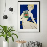 Affiche publicitaire vintage Persil par Johannes Handschin montrant une femme stylisée blonde en robe blanche sur fond bleu tenant un paquet vert Henkel.