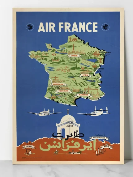 Affiche vintage Air France 1954 Afrique du Nord carte France Algérie français arabe