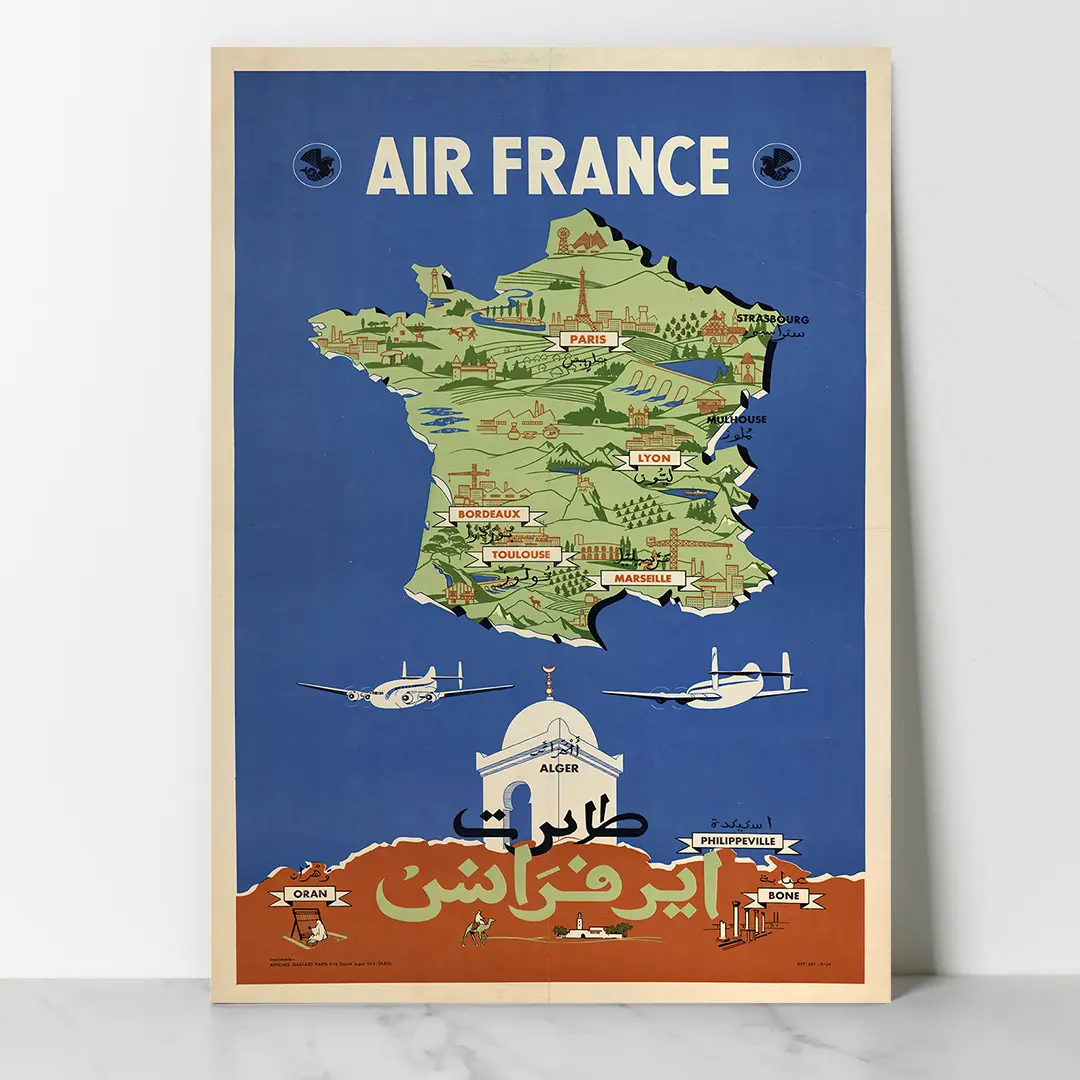 Vintage - Air France - Afrique du Nord (français-arabe) 1954 - Dzeco Art - 00 Affiche vintage Air France 1954 Afrique du Nord carte France Algérie français arabe