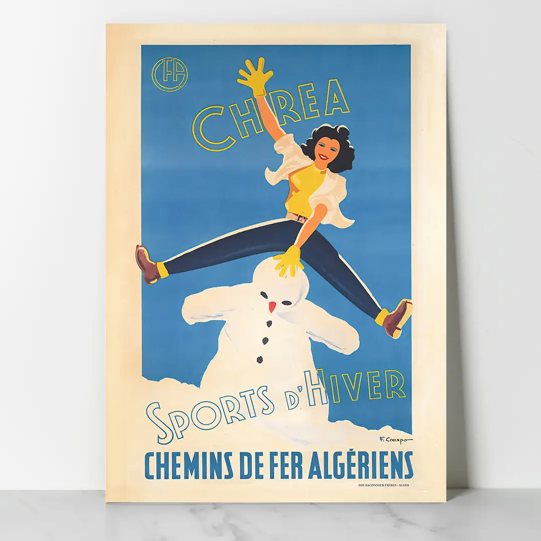 Vintage - Chemin de fer Algérien - Sport d'hiver Chrea Dzeco Art 01 Affiche vintage Chréa Sports d'Hiver Chemins de Fer Algériens décoration murale rétro.
