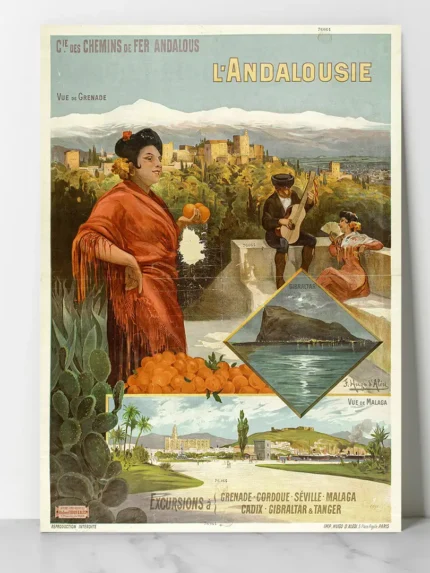 Affiche vintage Chemins de Fer Andalous L’Andalousie excursions à Grenade Cordoue Tanger