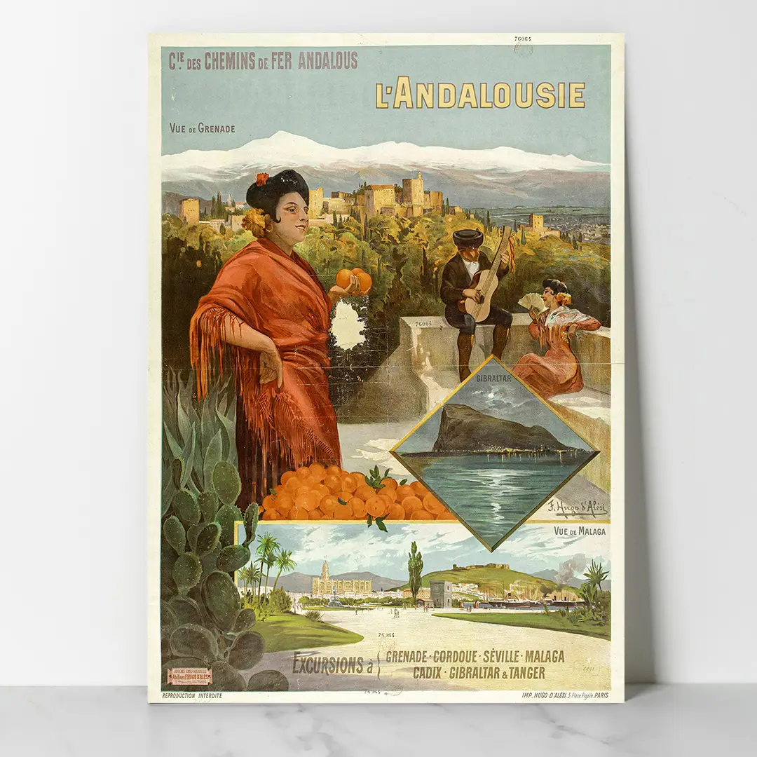 Vintage - Chemins de Fer Andalous. L'Andalousie. Excursions à Grenade 00 Affiche vintage Chemins de Fer Andalous L’Andalousie excursions à Grenade Cordoue Tanger