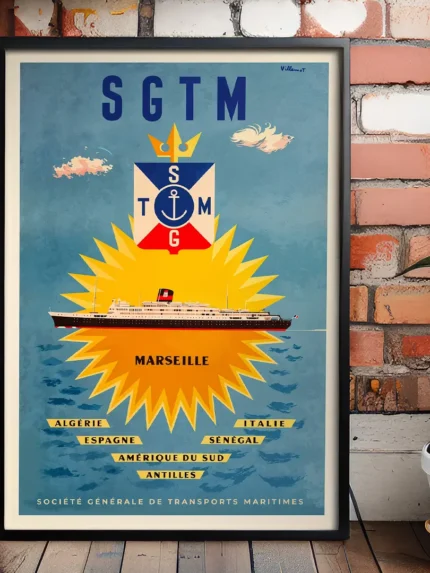 Poster SGTM Marseille encadré affiche bateau rétro années 50