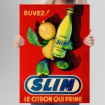 Affiche publicitaire rétro Slim Hamoud Boualem citron qui prime fond rouge