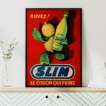 Affiche publicitaire rétro Slim Hamoud Boualem citron qui prime fond rouge