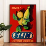 Affiche publicitaire rétro Slim Hamoud Boualem citron qui prime fond rouge