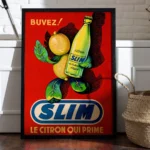 Affiche publicitaire rétro Slim Hamoud Boualem citron qui prime fond rouge