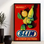 Affiche publicitaire rétro Slim Hamoud Boualem citron qui prime fond rouge