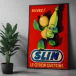 Affiche publicitaire rétro Slim Hamoud Boualem citron qui prime fond rouge