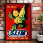 Affiche publicitaire rétro Slim Hamoud Boualem citron qui prime fond rouge