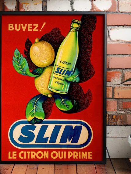 Affiche publicitaire rétro Slim Hamoud Boualem citron qui prime fond rouge
