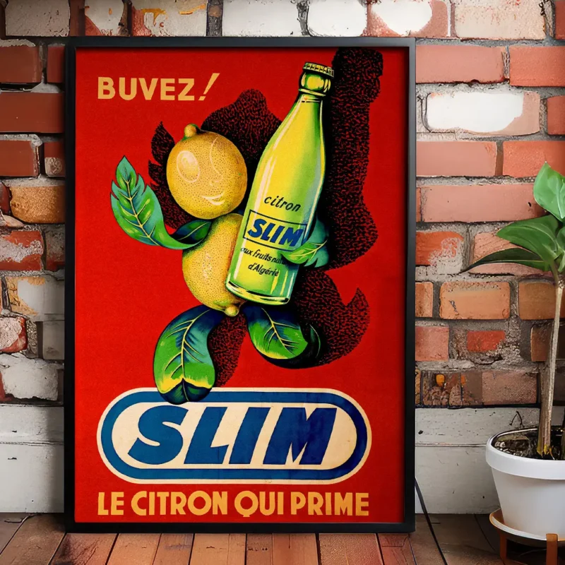 Affiche publicitaire rétro Slim Hamoud Boualem citron qui prime fond rouge