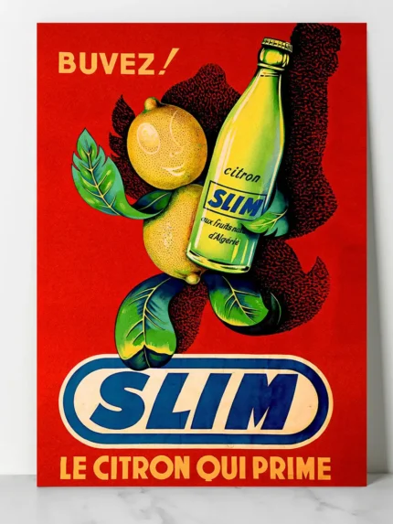 Affiche publicitaire rétro Slim Hamoud Boualem citron qui prime fond rouge