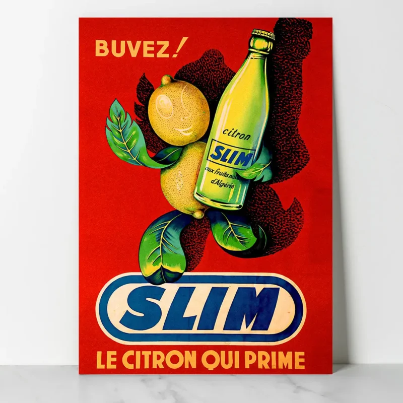 Affiche publicitaire rétro Slim Hamoud Boualem citron qui prime fond rouge