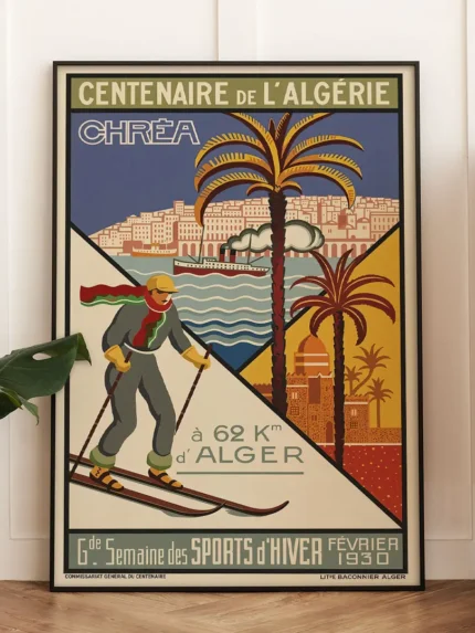 Affiche Algérie Vintage Chréa 1930 par Georges-André Klein, skieur et palmiers, Grande Semaine des Sports d'Hiver.