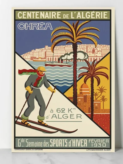 Affiche Algérie Vintage Chréa 1930 par Georges-André Klein, skieur et palmiers, Grande Semaine des Sports d'Hiver.