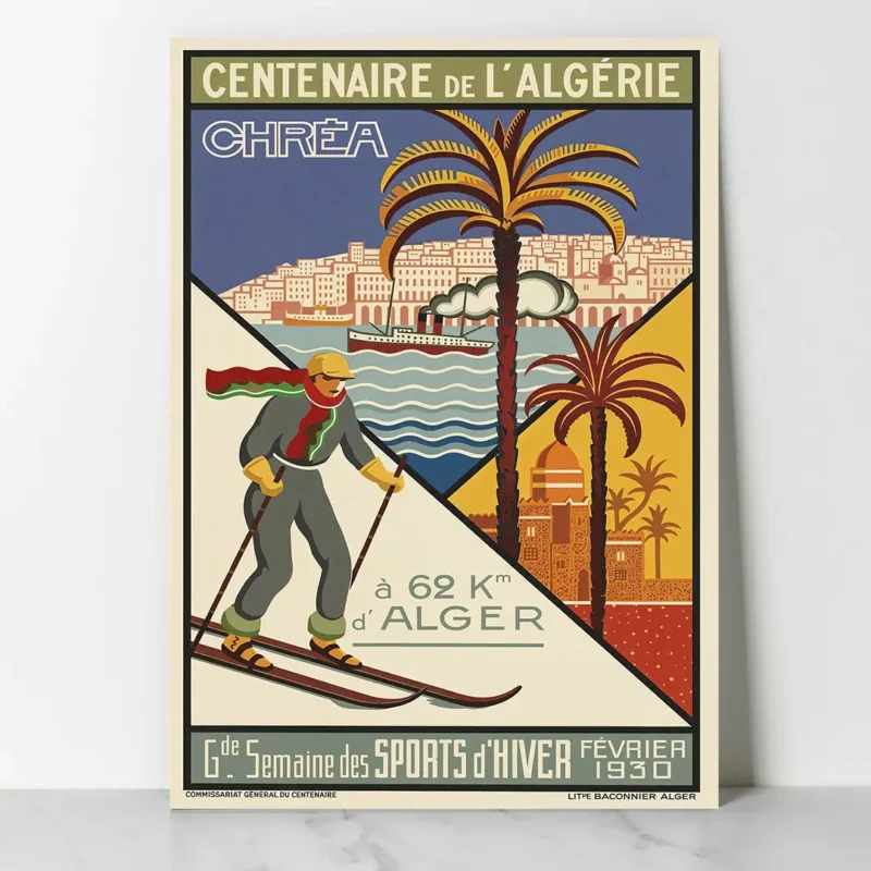 Affiche Algérie Vintage Chréa 1930 par Georges-André Klein, skieur et palmiers, Grande Semaine des Sports d'Hiver.
