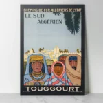 Reproduction affiche de voyage vintage Touggourt Algérie 1921 par Louis Périnez, Chemins de Fer Algériens de l'État, style Art Déco avec portraits berbères