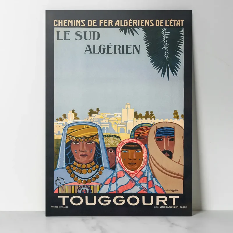 Reproduction affiche de voyage vintage Touggourt Algérie 1921 par Louis Périnez, Chemins de Fer Algériens de l'État, style Art Déco avec portraits berbères