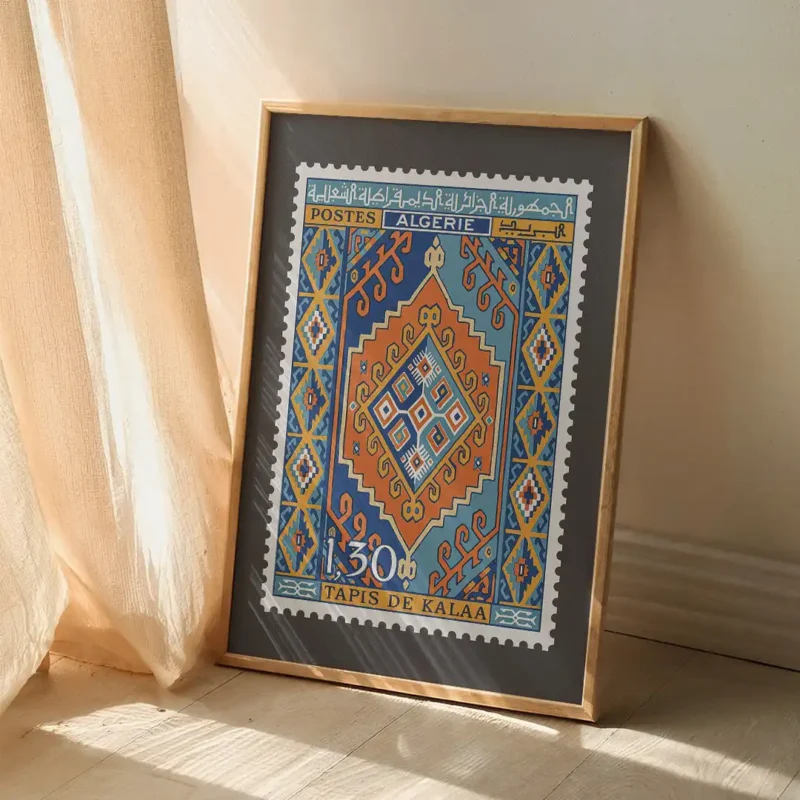 Affiche Algérie Vintage illustrant le timbre postal classique du Tapis de Kalaa
