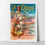 Affiche publicitaire vintage La Kabiline montrant une femme en costume traditionnel tenant un tissu teint.