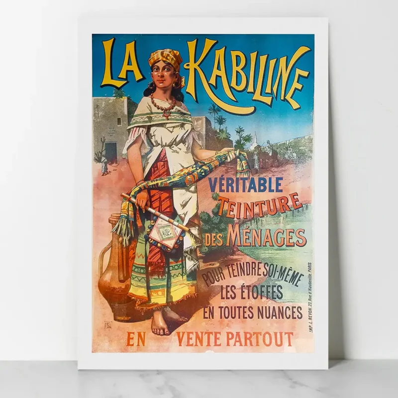 Affiche publicitaire vintage La Kabiline montrant une femme en costume traditionnel tenant un tissu teint.