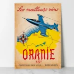 Affiche vintage Oranie représentant un avion survolant la région d’Oran avec carte stylisée et mention des meilleurs vins d’Algérie