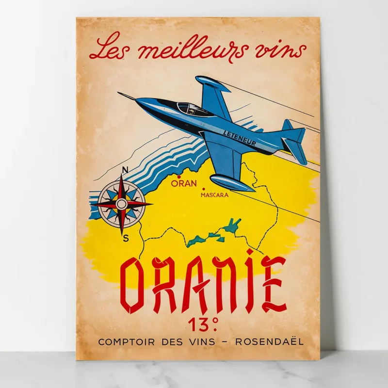 Affiche vintage Oranie représentant un avion survolant la région d’Oran avec carte stylisée et mention des meilleurs vins d’Algérie